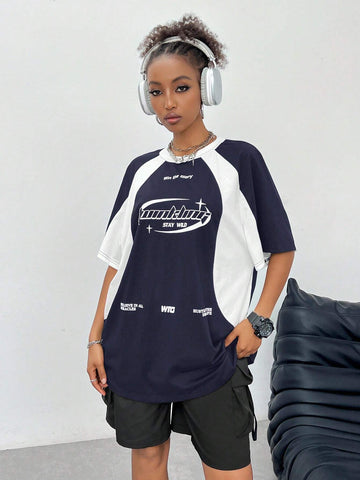 Women's Streetwear Oversized Racing Motorcycle Print Color Block Raglan Sleeve T-Shirt