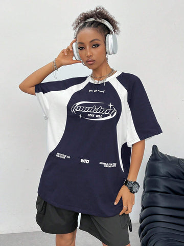 Women's Streetwear Oversized Racing Motorcycle Print Color Block Raglan Sleeve T-Shirt