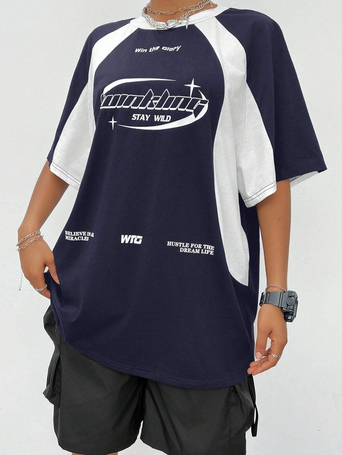 Women's Streetwear Oversized Racing Motorcycle Print Color Block Raglan Sleeve T-Shirt