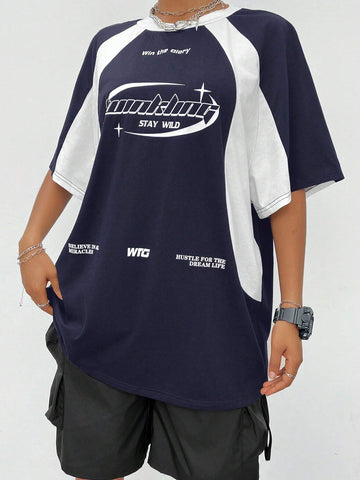 Women's Streetwear Oversized Racing Motorcycle Print Color Block Raglan Sleeve T-Shirt