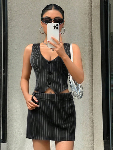 Women's Striped Button-up Vest Top And Skirt Two Piece Set