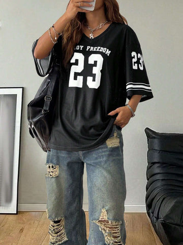 Coolane Women's Summer Drop Shoulder V-Neck Football Jersey T-Shirt With Letter Print,Back To School