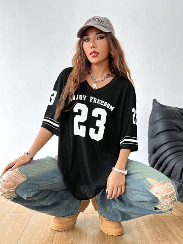 Coolane Women's Summer Drop Shoulder V-Neck Football Jersey T-Shirt With Letter Print,Back To School