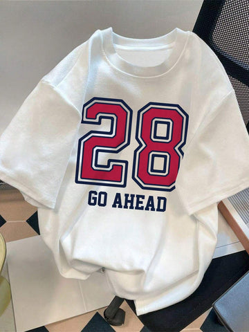 Coolane Women's Summer Loose Fit Round Neck Short Sleeve T-Shirt With Letter Print