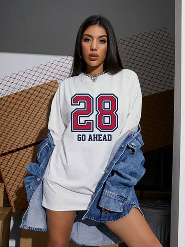 Coolane Women's Summer Loose Fit Round Neck Short Sleeve T-Shirt With Letter Print