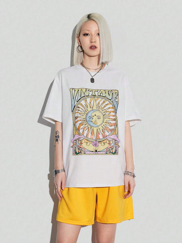 Women's Summer Loose T-Shirt & Shorts Set With Star, Moon, Music Festival & Letter Print