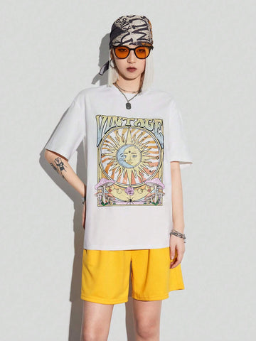 Women's Summer Loose T-Shirt & Shorts Set With Star, Moon, Music Festival & Letter Print