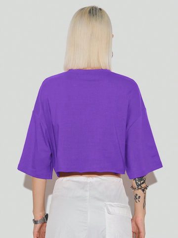 Women's Summer Round Neck Loose Dropped Shoulder Short Sleeve Number Print Casual T