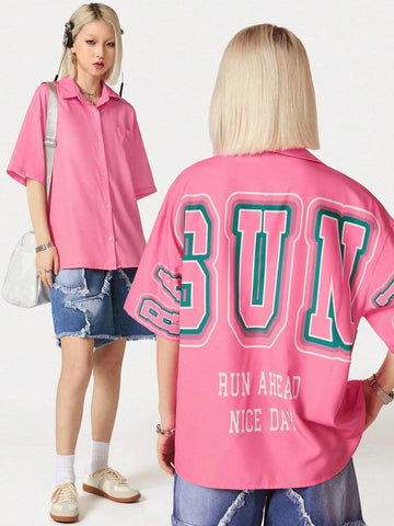 Coolane Women's Summer Streetwear Casual Graphics Slogan Loose Blouses Pink Graduation