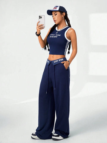 Women's Tight-Fitting Sports Pattern Tank Top And Casual Long Pant 2-Piece Set