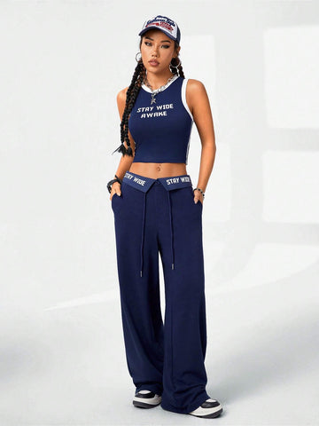 Women's Tight-Fitting Sports Pattern Tank Top And Casual Long Pant 2-Piece Set
