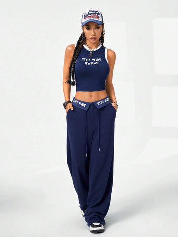 Women's Tight-Fitting Sports Pattern Tank Top And Casual Long Pant 2-Piece Set