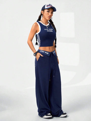 Women's Tight-Fitting Sports Pattern Tank Top And Casual Long Pant 2-Piece Set