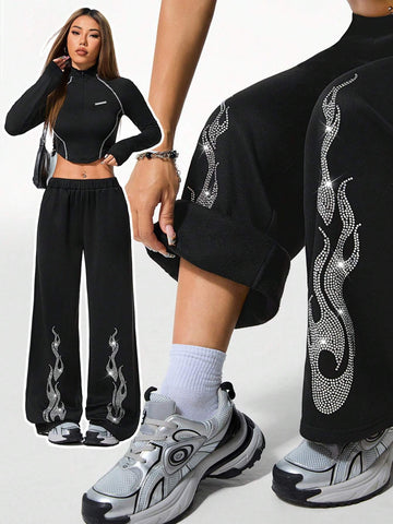 Coolane Women's Winter Y2K Music Festival Knit With Fleece Diamond Pattern Black Sweatpants
