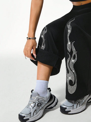 Coolane Women's Winter Y2K Music Festival Knit With Fleece Diamond Pattern Black Sweatpants