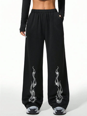 Coolane Women's Winter Y2K Music Festival Knit With Fleece Diamond Pattern Black Sweatpants