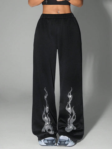 Coolane Women's Winter Y2K Music Festival Knit With Fleece Diamond Pattern Black Sweatpants