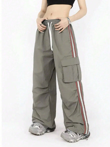 Coolane Y2K Cargo Pants Women Fashion Wide Leg Casual Pants Loose Striped Sports Sweatpants Drawstring Parachute Pantsh Trousers