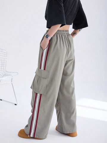 Coolane Y2K Cargo Pants Women Fashion Wide Leg Casual Pants Loose Striped Sports Sweatpants Drawstring Parachute Pantsh Trousers
