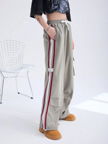 Coolane Y2K Cargo Pants Women Fashion Wide Leg Casual Pants Loose Striped Sports Sweatpants Drawstring Parachute Pantsh Trousers