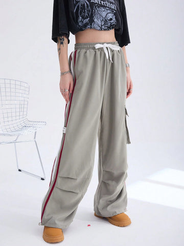 Coolane Y2K Cargo Pants Women Fashion Wide Leg Casual Pants Loose Striped Sports Sweatpants Drawstring Parachute Pantsh Trousers