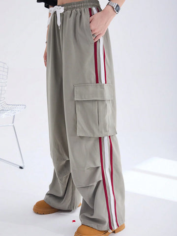 Coolane Y2K Cargo Pants Women Fashion Wide Leg Casual Pants Loose Striped Sports Sweatpants Drawstring Parachute Pantsh Trousers
