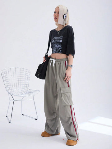 Coolane Y2K Cargo Pants Women Fashion Wide Leg Casual Pants Loose Striped Sports Sweatpants Drawstring Parachute Pantsh Trousers