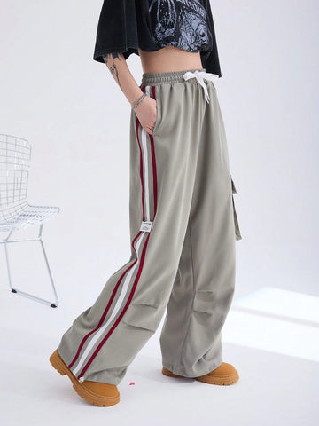 Coolane Y2K Cargo Pants Women Fashion Wide Leg Casual Pants Loose Striped Sports Sweatpants Drawstring Parachute Pantsh Trousers