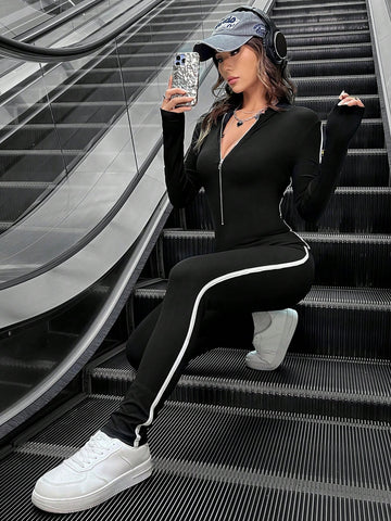 Zip-Front Color Block Rolled Edge Long Sleeve Jumpsuit