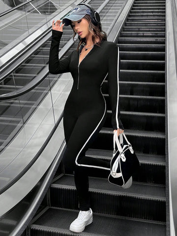 Zip-Front Color Block Rolled Edge Long Sleeve Jumpsuit