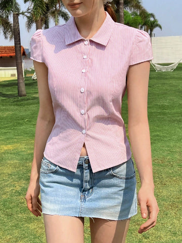 Striped Short Sleeve Casual Office Wear Button Front Shirt