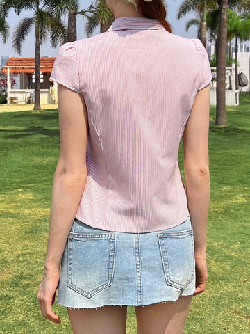 Striped Short Sleeve Casual Office Wear Button Front Shirt