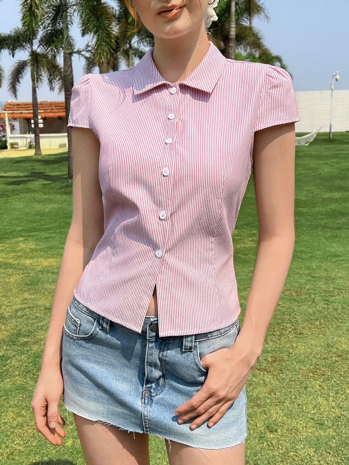 Striped Short Sleeve Casual Office Wear Button Front Shirt