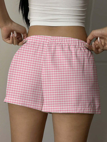 CovetEZ Women's Comfortable Plaid Pink-Colored Casual Shorts With Buttons, Suitable For Summer