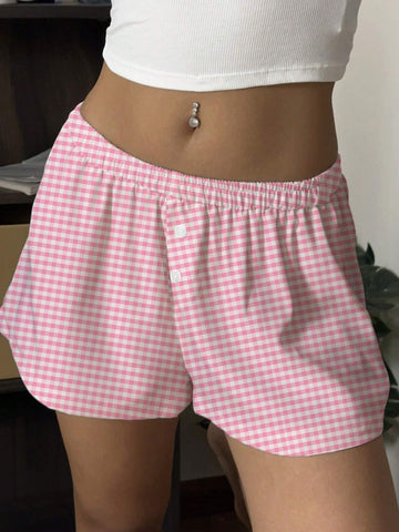 CovetEZ Women's Comfortable Plaid Pink-Colored Casual Shorts With Buttons, Suitable For Summer