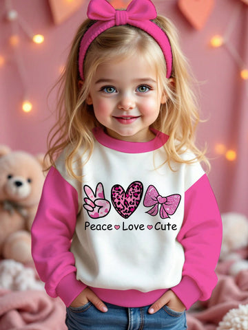 e Cartoon Bow, Leopard Heart Pattern, Pink Patchwork, Young Girls Casual Loose Fit Crew Neck Comfortable Everyday Knit Long Sleeve Sweatshirt, Suitable For Autumn/Winter