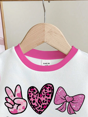 e Cartoon Bow, Leopard Heart Pattern, Pink Patchwork, Young Girls Casual Loose Fit Crew Neck Comfortable Everyday Knit Long Sleeve Sweatshirt, Suitable For Autumn/Winter