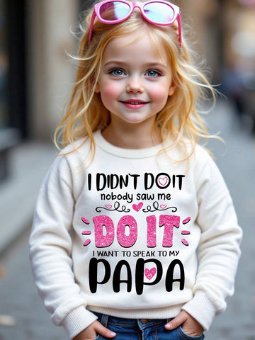 Cute Cartoon Heart & Slogan Print Casual Daily Cozy Knit Thick Long Sleeve Sweatshirt For Young Girls, Suitable For Autumn/Winter