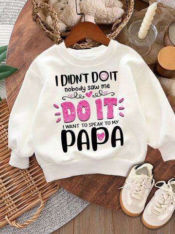 Cute Cartoon Heart & Slogan Print Casual Daily Cozy Knit Thick Long Sleeve Sweatshirt For Young Girls, Suitable For Autumn/Winter
