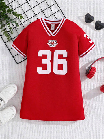 Cute Casual Young Girl's College-Style Short Sleeve Dress With Letter Print,Back-To-School ,Daily Wear