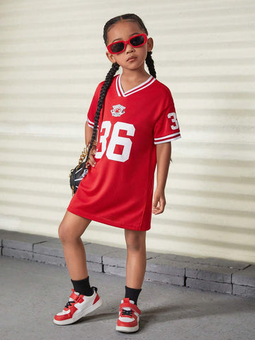 Cute Casual Young Girl's College-Style Short Sleeve Dress With Letter Print,Back-To-School ,Daily Wear