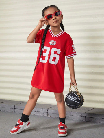 Cute Casual Young Girl's College-Style Short Sleeve Dress With Letter Print,Back-To-School ,Daily Wear