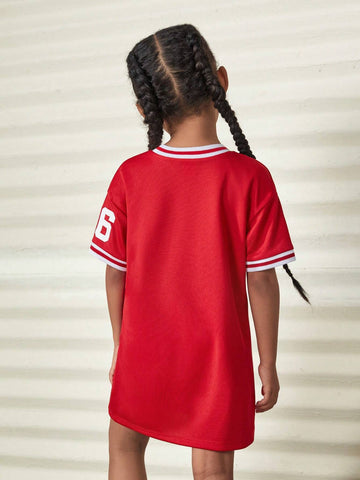 Cute Casual Young Girl's College-Style Short Sleeve Dress With Letter Print,Back-To-School ,Daily Wear