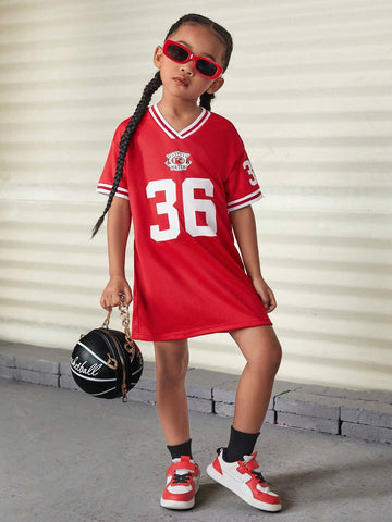 Cute Casual Young Girl's College-Style Short Sleeve Dress With Letter Print,Back-To-School ,Daily Wear
