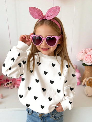 Cute Heart Print, Young Girls Casual Minimalist Loose Round Neck Comfortable Daily Soft Knitted Long Sleeve Sweatshirt, Suitable For Autumn/Winter