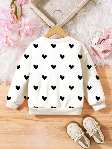 Cute Heart Print, Young Girls Casual Minimalist Loose Round Neck Comfortable Daily Soft Knitted Long Sleeve Sweatshirt, Suitable For Autumn/Winter