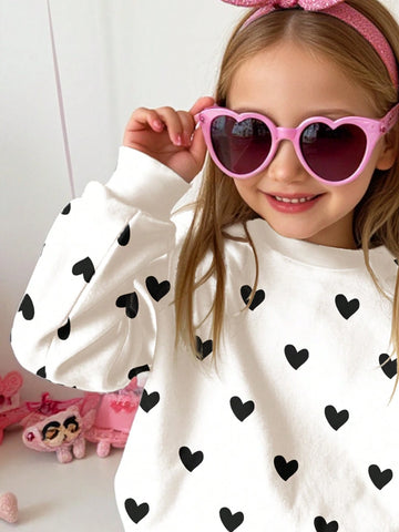 Cute Heart Print, Young Girls Casual Minimalist Loose Round Neck Comfortable Daily Soft Knitted Long Sleeve Sweatshirt, Suitable For Autumn/Winter