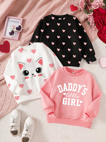 Cute Heart & Cartoon Cat Print Young Girls Casual Loose Fit Crew Neck Comfortable Knit Long Sleeve Sweatshirt, Suitable For Autumn And Winter