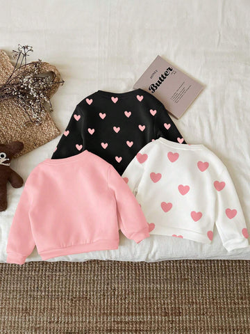 Cute Heart & Cartoon Cat Print Young Girls Casual Loose Fit Crew Neck Comfortable Knit Long Sleeve Sweatshirt, Suitable For Autumn And Winter