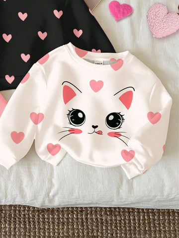 Cute Heart & Cartoon Cat Print Young Girls Casual Loose Fit Crew Neck Comfortable Knit Long Sleeve Sweatshirt, Suitable For Autumn And Winter